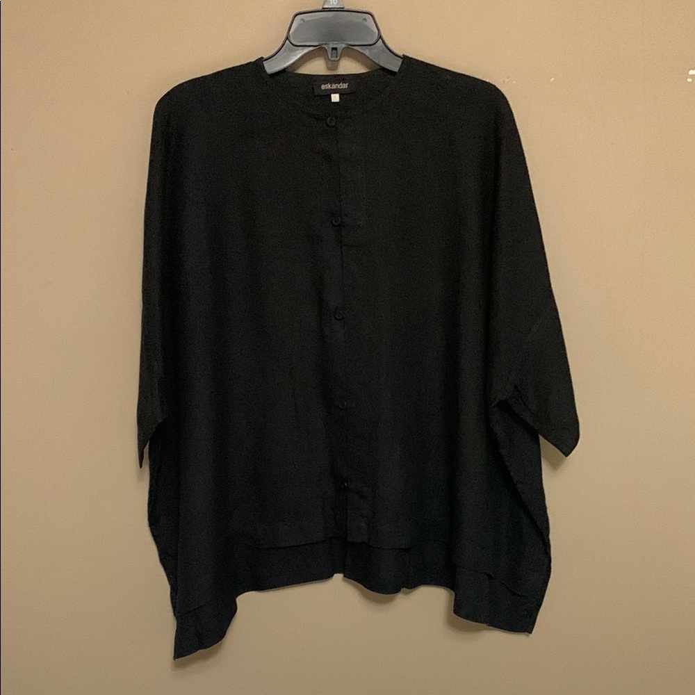 Eskandar Women’s 100% Linen Sloped Shoulder Wide Short Sleeve Black Shirt 1X